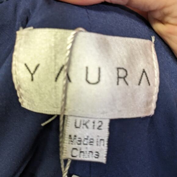 NWT YAURA Satin navy open front trumpet gown with cutout - Picture 8 of 9